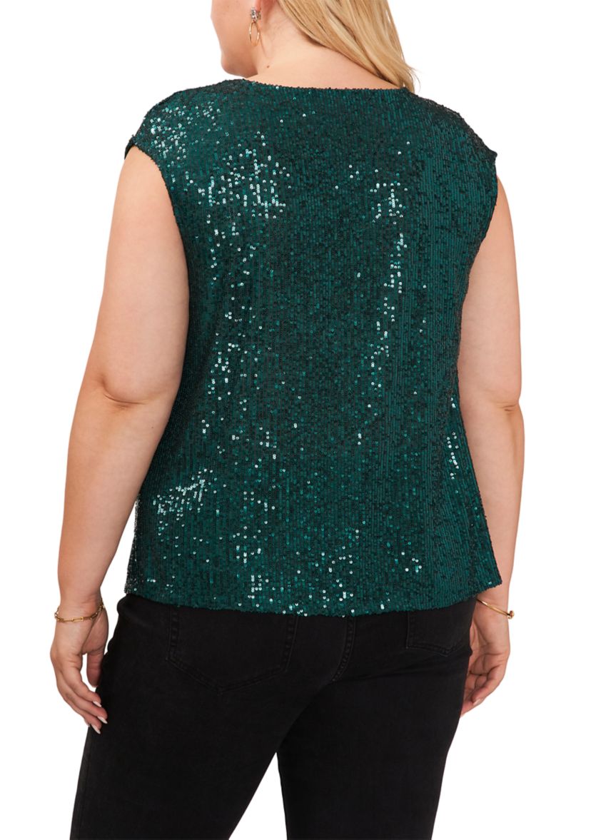 Plus Size Cap Sleeve Sequin V-Neck Top 