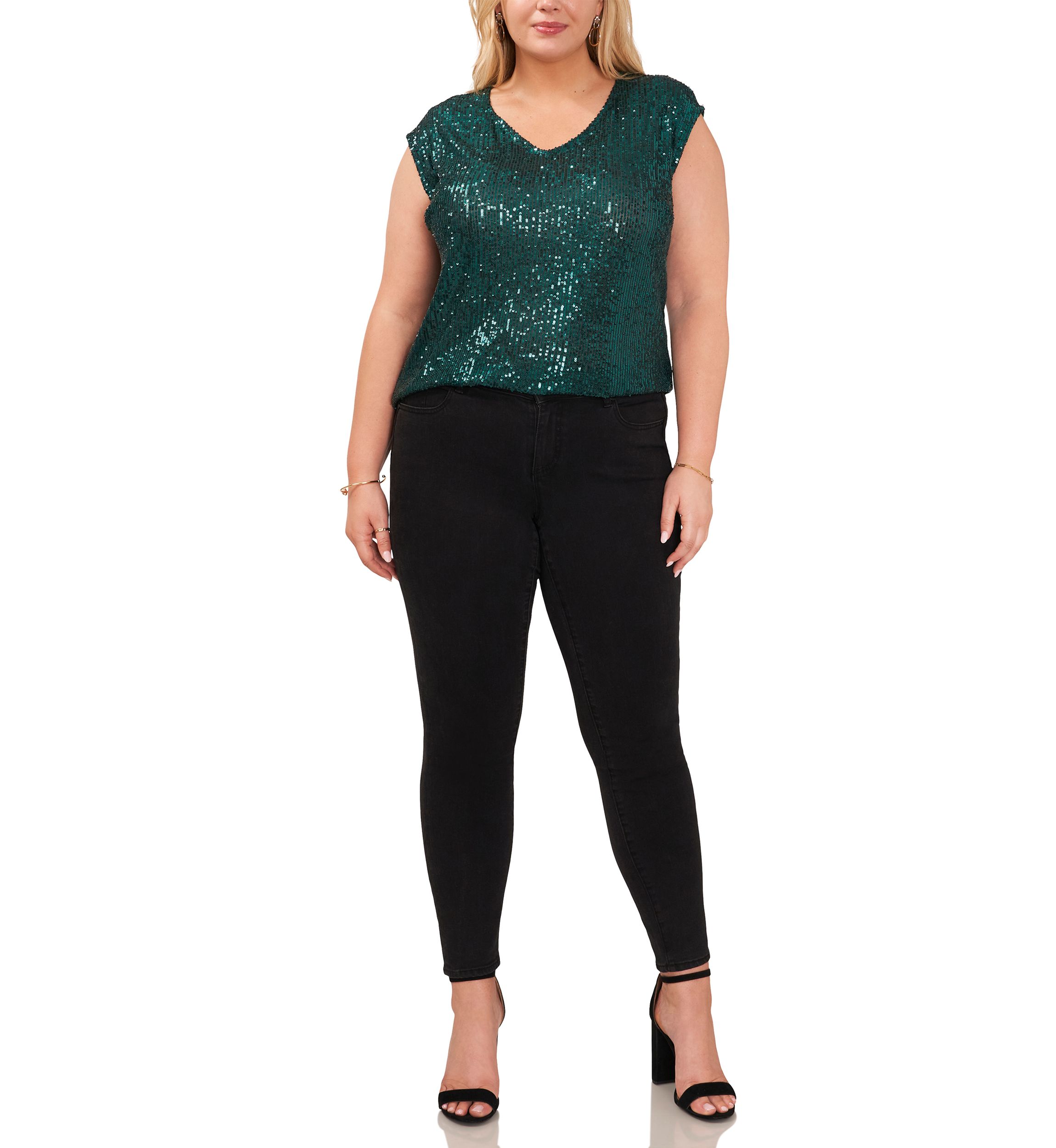 Plus Size Cap Sleeve Sequin V-Neck Top 