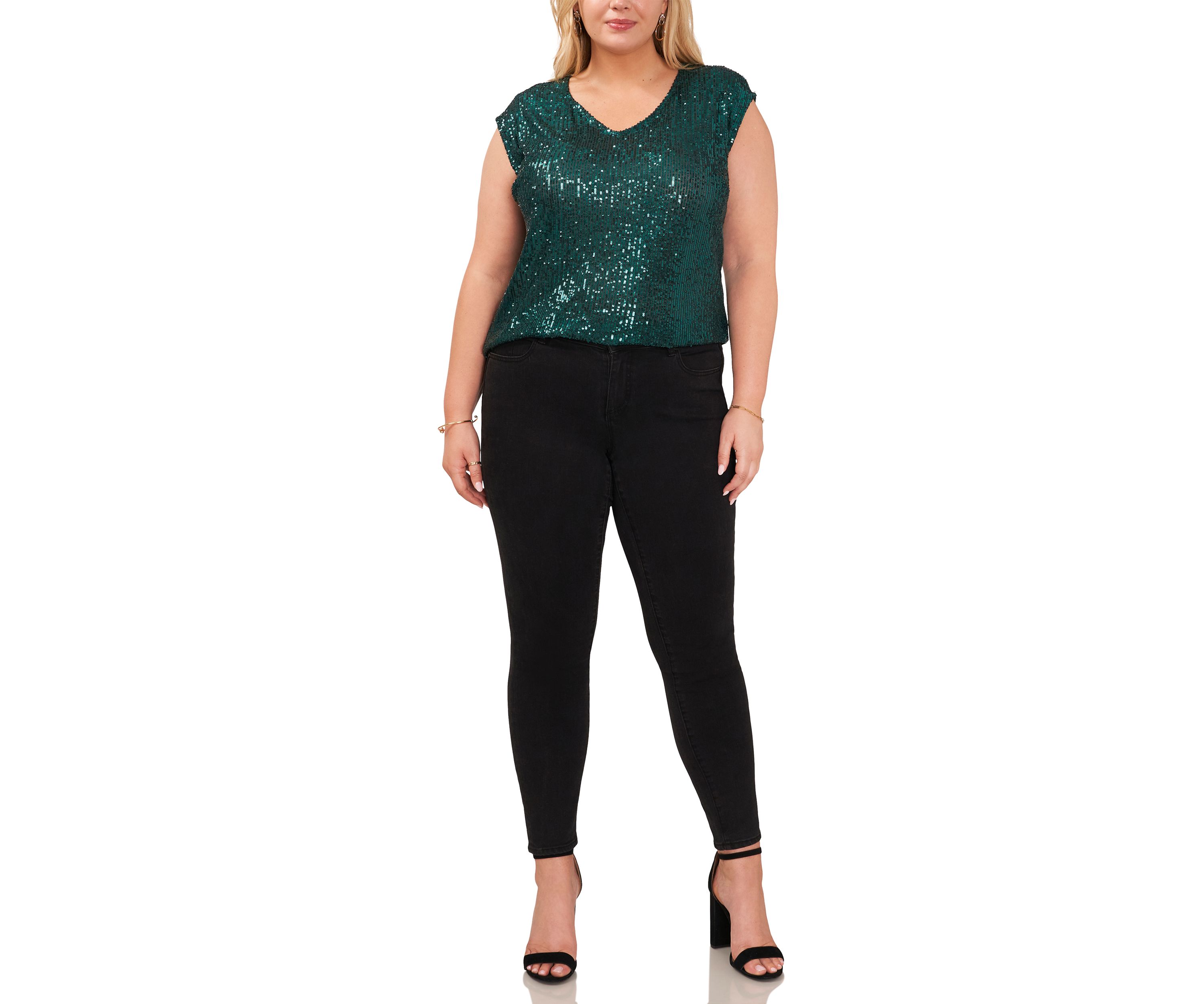 Plus Size Cap Sleeve Sequin V-Neck Top 