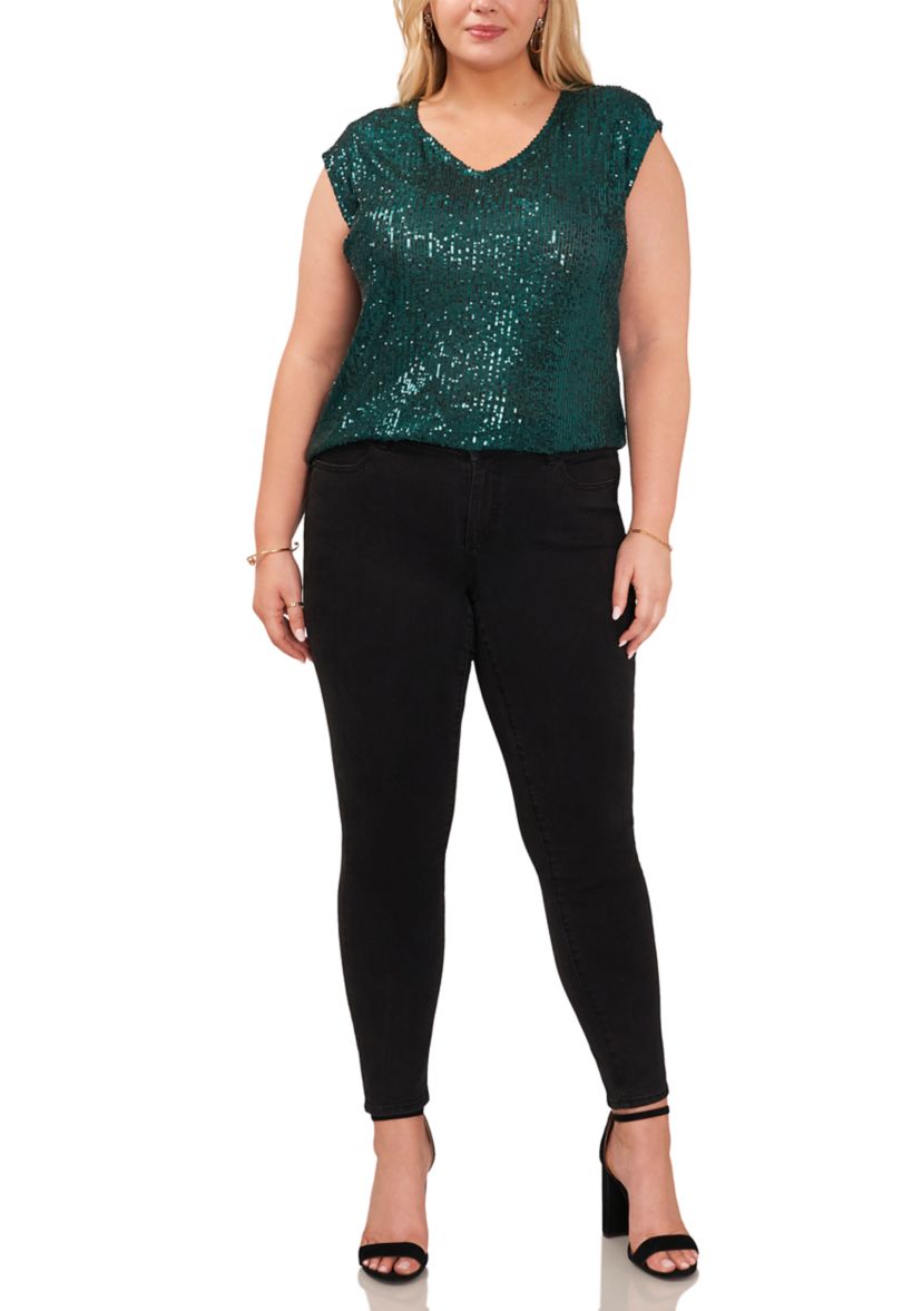 Plus Size Cap Sleeve Sequin V-Neck Top 