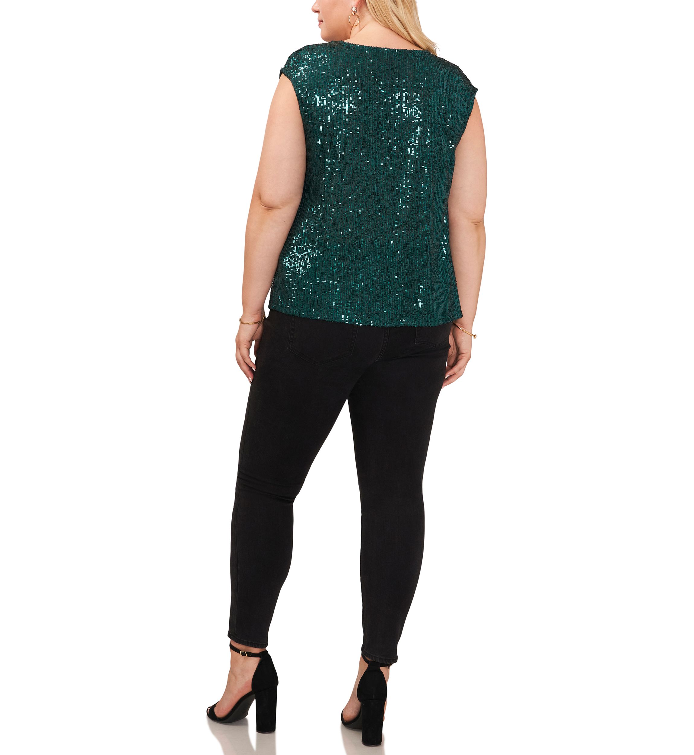 Plus Size Cap Sleeve Sequin V-Neck Top 
