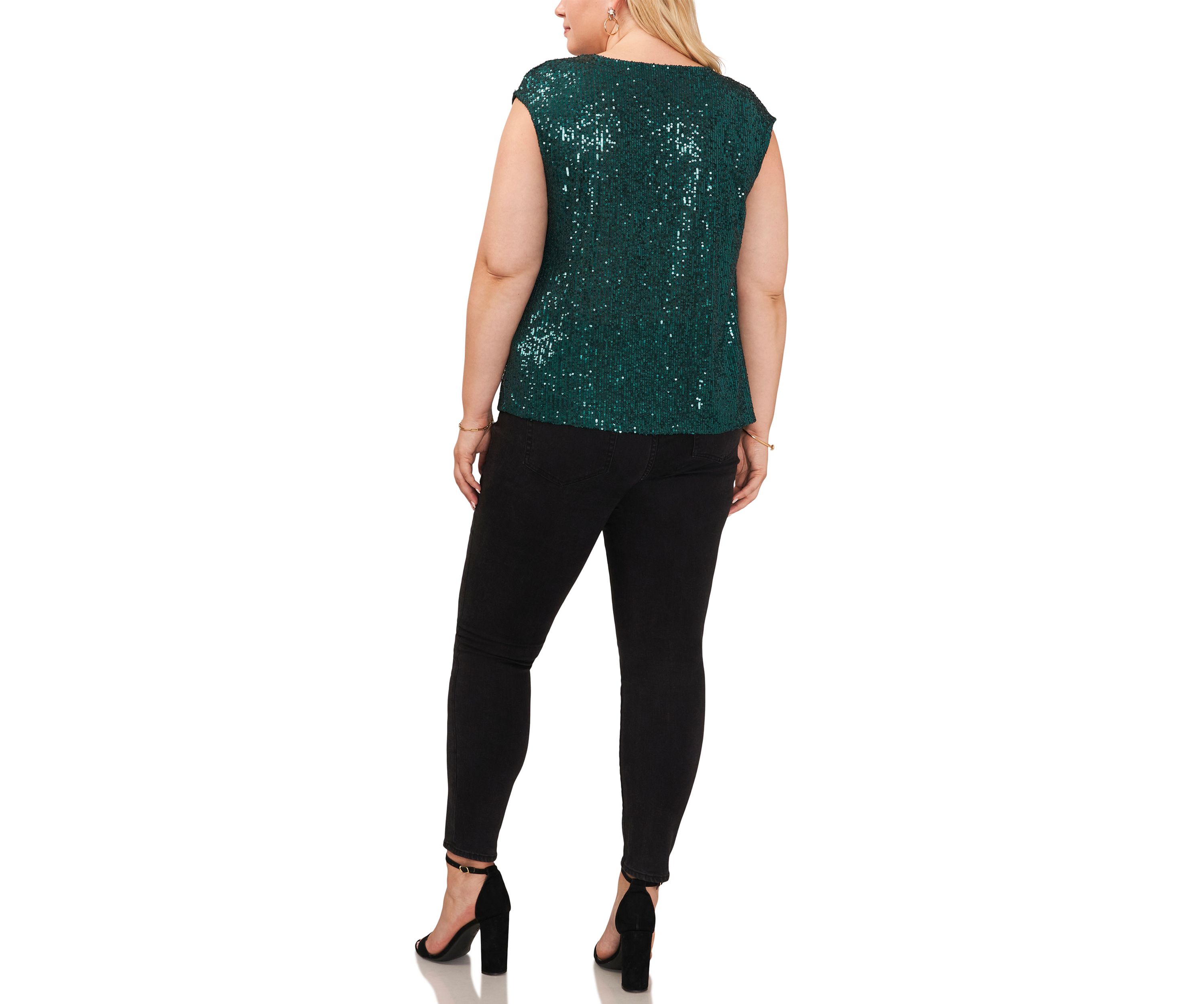 Plus Size Cap Sleeve Sequin V-Neck Top 