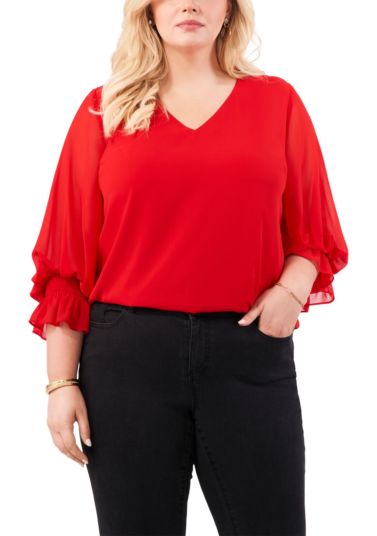 Plus Size Shirred V-Neck Blouse