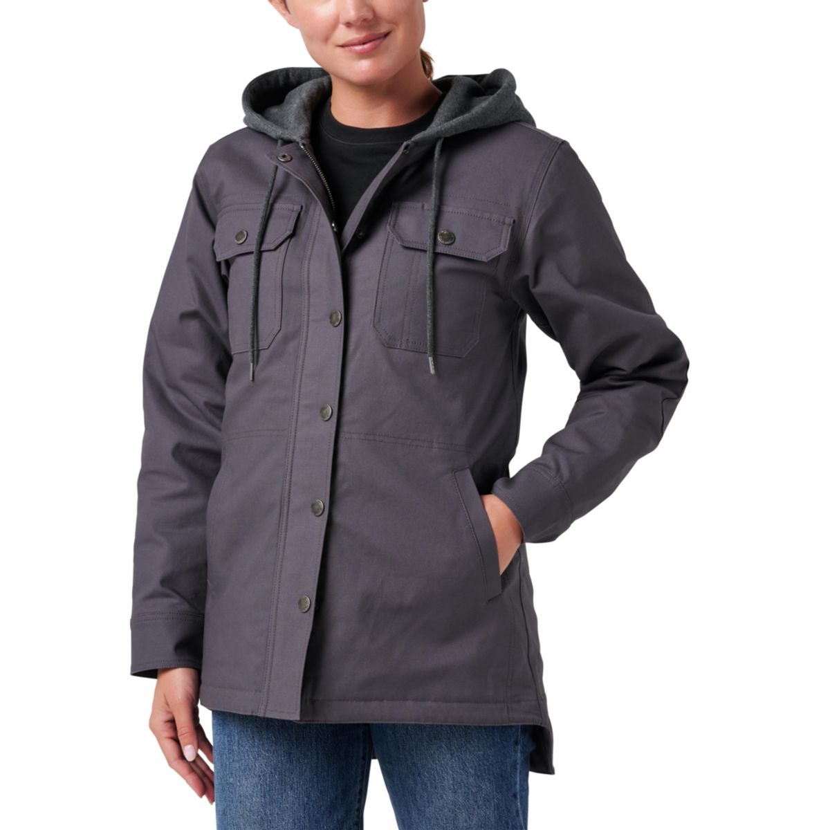 Womens Lucky Brand Workwear Full Zip Shirt Jacket with Fleece Hood and Quilted Lining