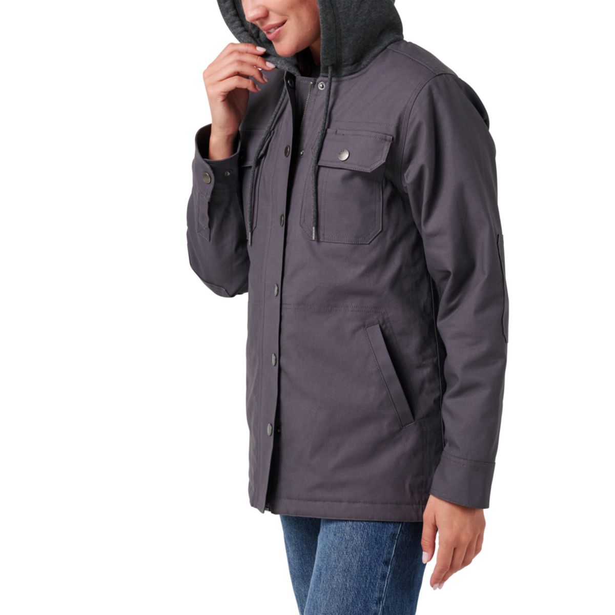 Womens Lucky Brand Workwear Full Zip Shirt Jacket with Fleece Hood and Quilted Lining