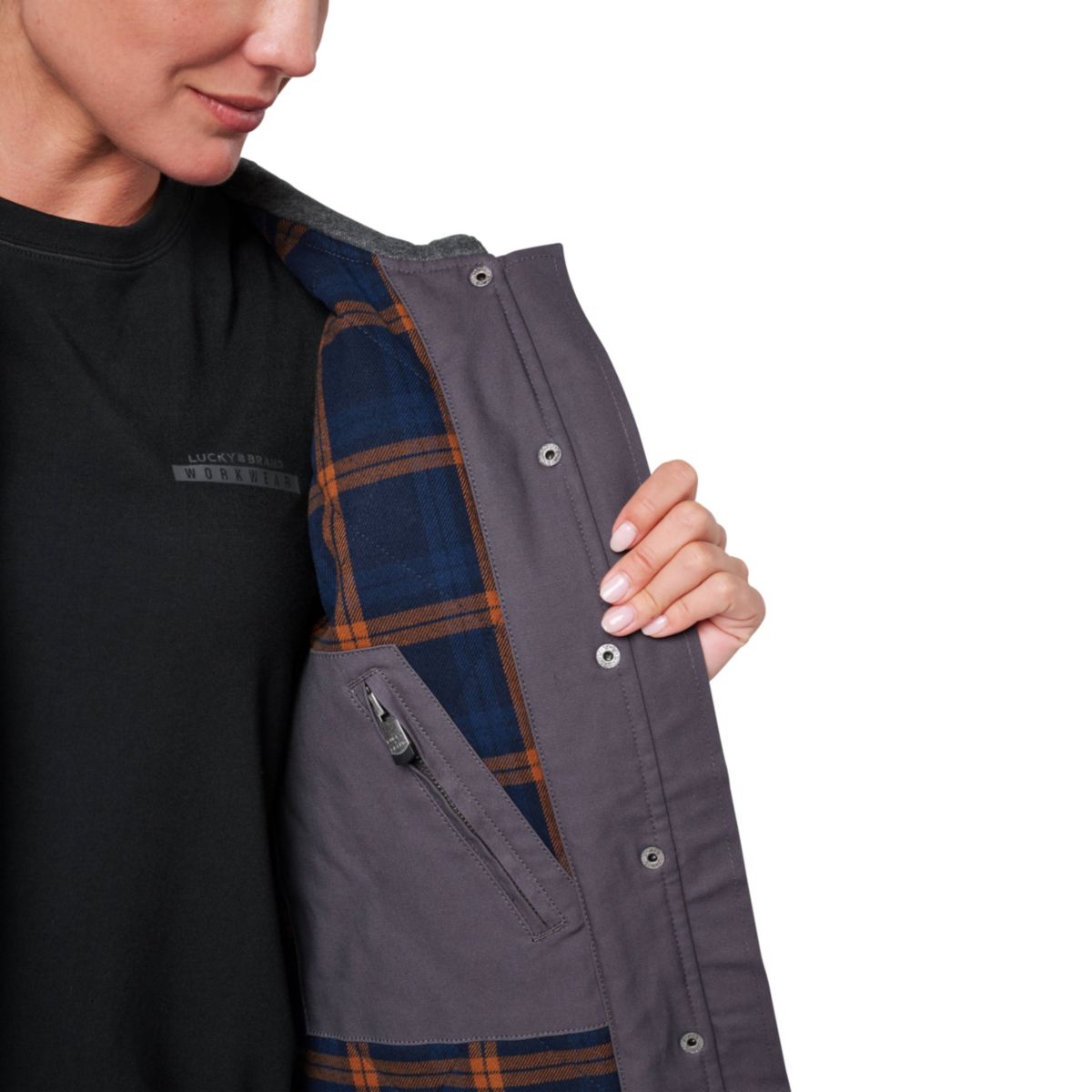 Womens Lucky Brand Workwear Full Zip Shirt Jacket with Fleece Hood and Quilted Lining