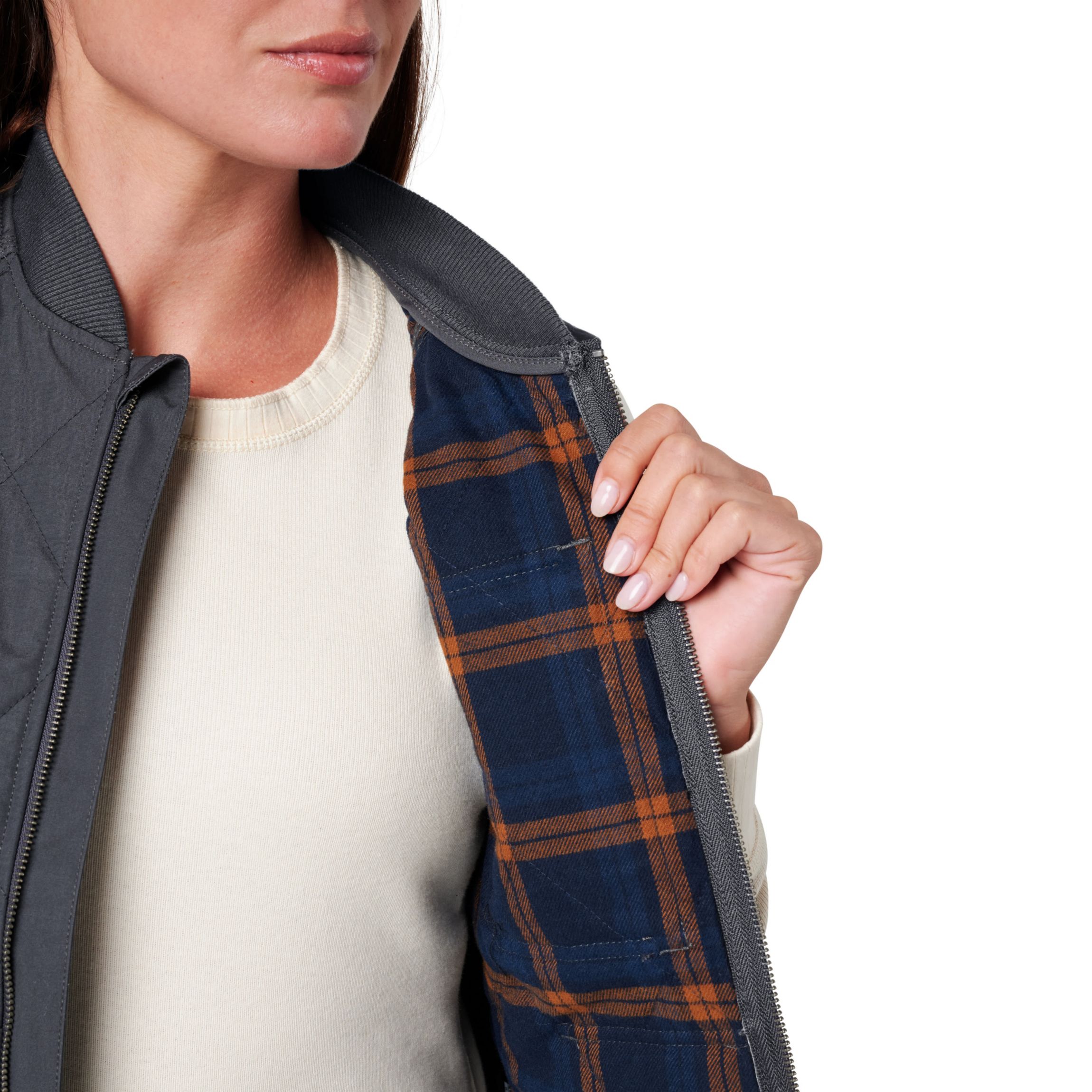 Womens Lucky Brand Workwear Tactical Canvas Quilted Vest with Plaid Flannel Lining