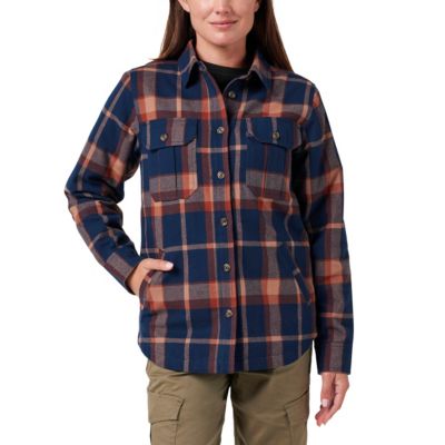 Women's Lucky Brand Workwear Yarn Dyed Plaid Flannel Shirt Jacket with Quilted Lining, Blue, Large