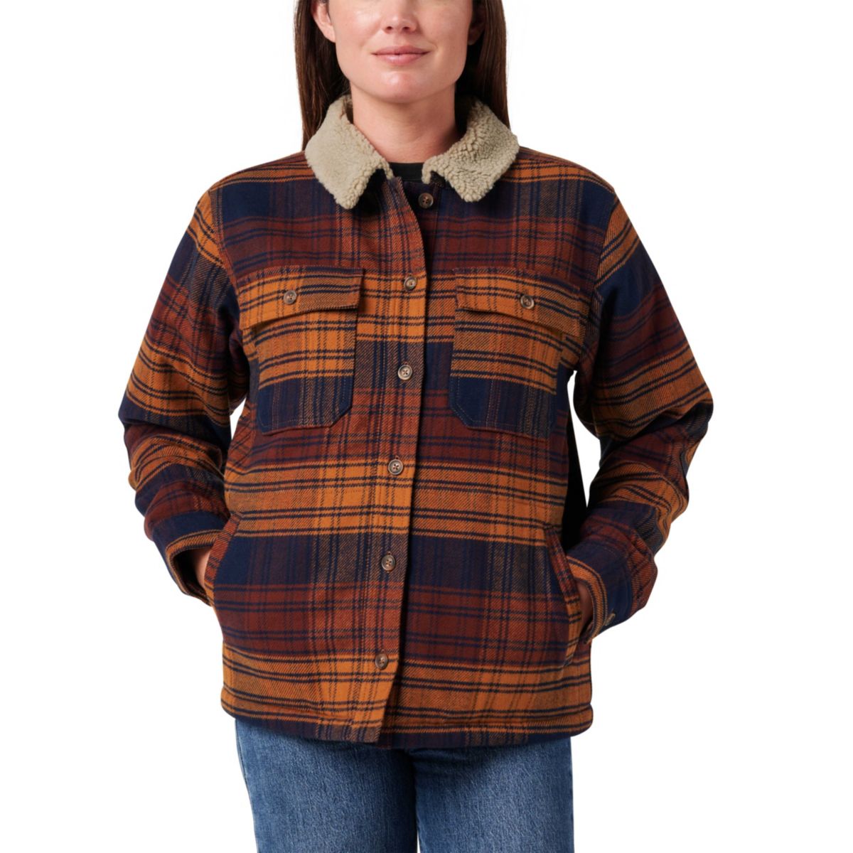 Womens Lucky Brand Workwear Yarn Dyed Twill Plaid Jacket with Sherpa Collar and Lining
