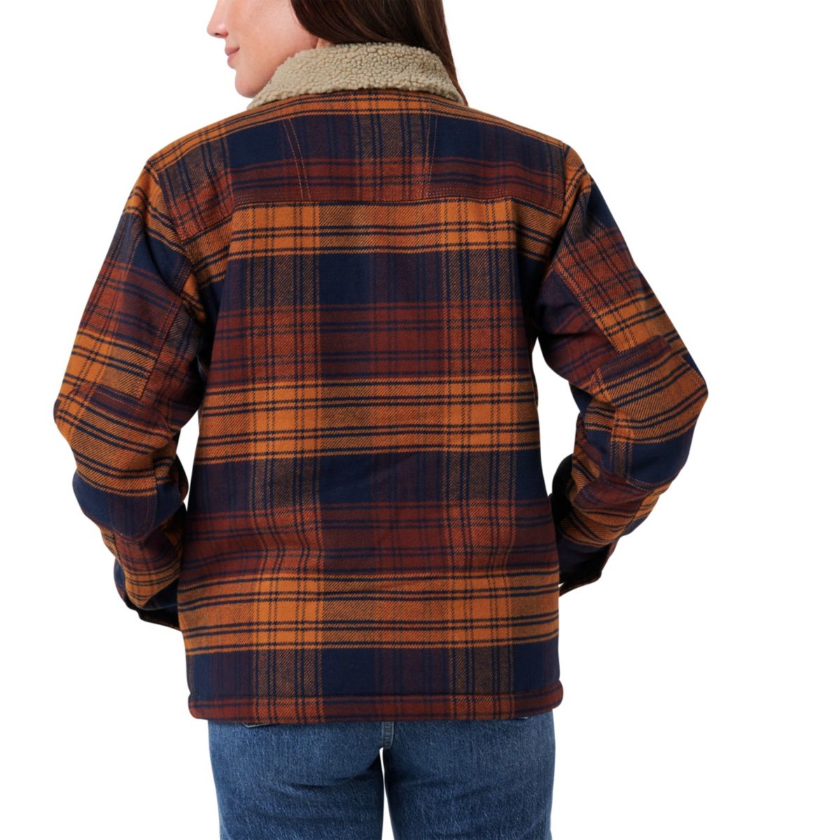 Womens Lucky Brand Workwear Yarn Dyed Twill Plaid Jacket with Sherpa Collar and Lining