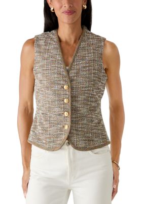 BCBG Women's Sleeveless V-Neck Button Front Space Dye Sweater, Medium