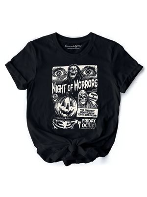 OrnamentallyYou Women's Night of Horrors Retro Halloween T-Shirt, Vintage Style Tee