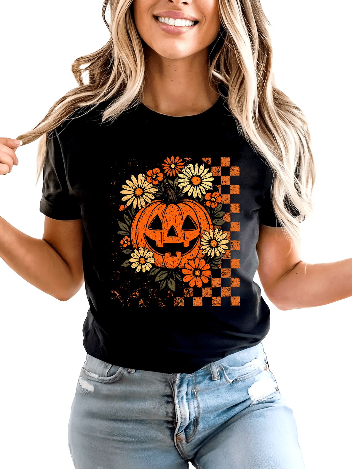 Checkered Floral Pumpkin T-Shirt, Preppy Halloween Tee
