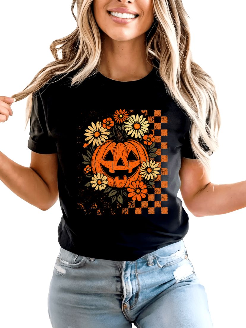 Checkered Floral Pumpkin T-Shirt, Preppy Halloween Tee