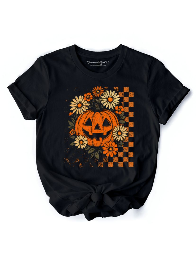 Checkered Floral Pumpkin T-Shirt, Preppy Halloween Tee