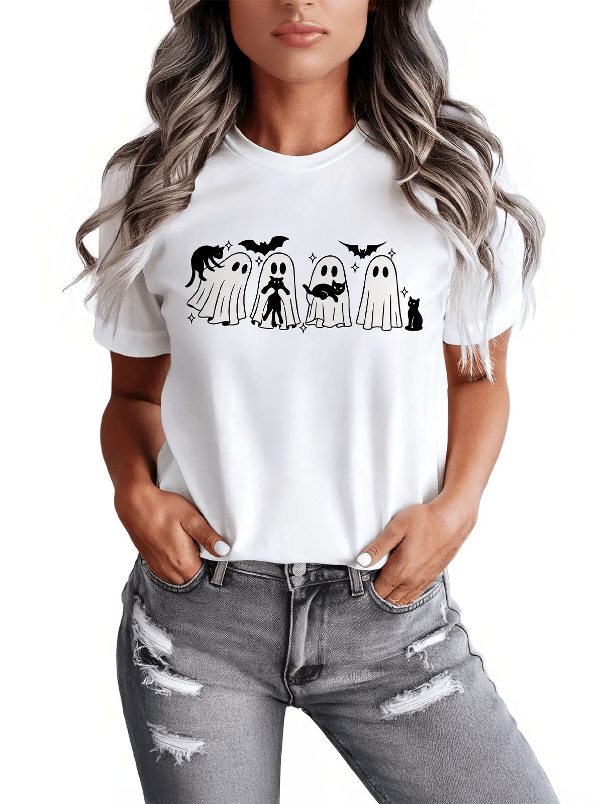 Ghosts and Cats Spooky Halloween T-Shirt for Cozy Season