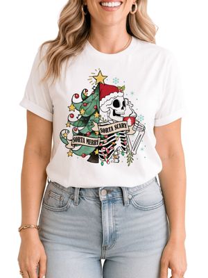 OrnamentallyYou Women's Sorta Merry Christmas Skeleton, Sarcastic Holiday Tee, White, 3XL