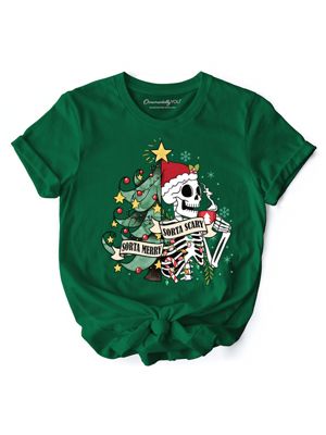 OrnamentallyYou Women's Sorta Merry Christmas Skeleton, Sarcastic Holiday Tee, Green, XS