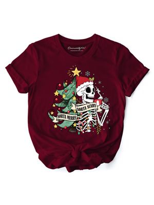 OrnamentallyYou Women's Sorta Merry Christmas Skeleton, Sarcastic Holiday Tee, XXL