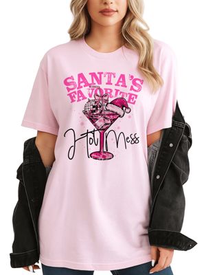 OrnamentallyYou Women's Santaâs Favorite Hot Mess Retro Disco Christmas Tee, Pink, XXL