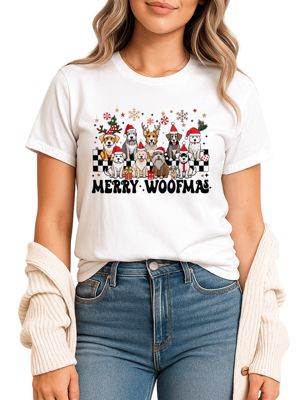 OrnamentallyYou Women's Merry Woofmas Dog Mom Christmas Tee