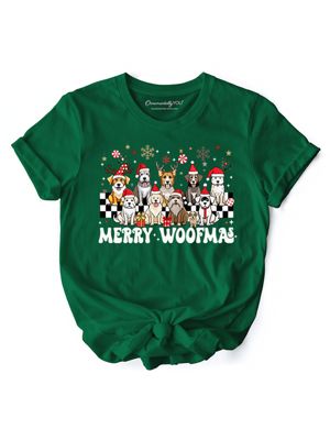 OrnamentallyYou Women's Merry Woofmas Dog Mom Christmas Tee, Green, XXL