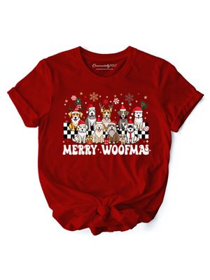 OrnamentallyYou Women's Merry Woofmas Dog Mom Christmas Tee, Red, XXL