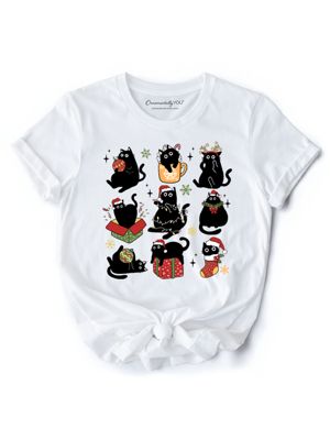 OrnamentallyYou Women's Whimsical Black Cats with Santa Hat Tee