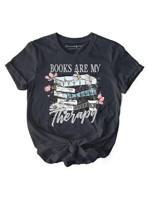 OrnamentallyYou Women's Books Are My Therapy Floral Tee for Bookworms, Gray, XXL
