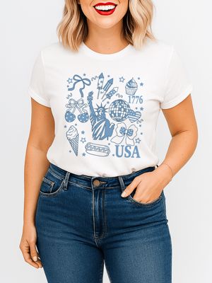 OrnamentallyYou Women's USA Liberty Retro Coquette Patriotic 4th of July Tee