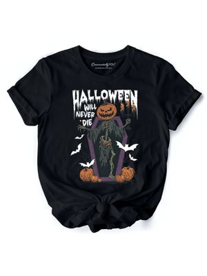 OrnamentallyYou Women's Halloween Will Never Die Vintage Style Tee, Black, 3XL