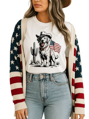 OrnamentallyYou Women's American Cowboy Dog Western 4th of July Tee