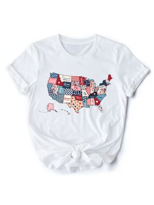 OrnamentallyYou Women's Patriotic Patchwork Quilted Map Tee, White, Large