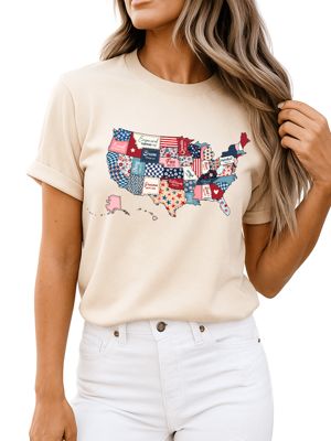 OrnamentallyYou Women's Patriotic Patchwork Quilted Map Tee, Large