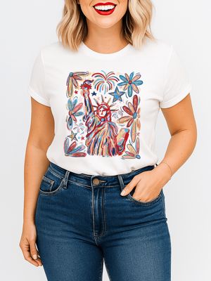 OrnamentallyYou Women's Patriotic Statue of Liberty Festive 4th of July Tee