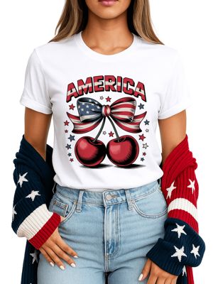 OrnamentallyYou Women's America Coquette Cherries 4th of July Tee