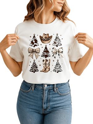 OrnamentallyYou Women's Western Christmas Coquette Tree Holiday Cowboy Tee