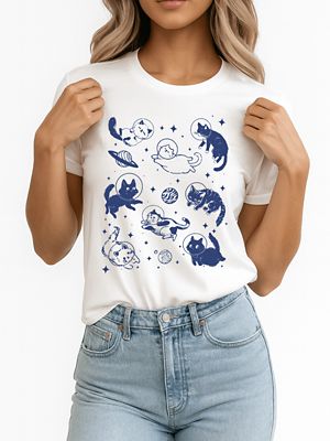 OrnamentallyYou Women's Cats in Space Retro Astronaut Tee with Cosmic Vibes, White, Medium