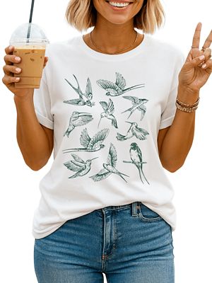 OrnamentallyYou Women's Retro Birds Nature Vintage Green Bird Illustration Tee