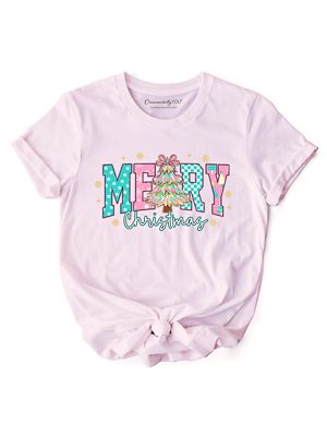 OrnamentallyYou Women's Merry Christmas Coquette Tree Preppy Retro Holiday Gift Tee, Pink, 2XL
