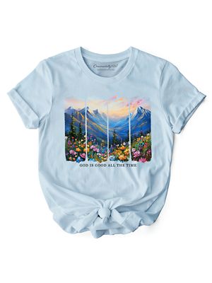 OrnamentallyYou Women's God Is Good All the Time Mountain Christian Bible Verse Faith Tee, Light Blue, 2XL
