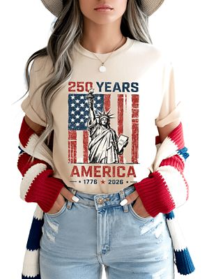 OrnamentallyYou Women's Statue of Liberty America Flag 250 Years, 4th of July USA Patriotic 1776â2026 Tee, 2XL