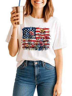 OrnamentallyYou Women's American Flag Floral Wildflower, Patriotic Boho USA 4th of July Tee, White, 3XL