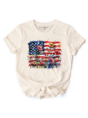 OrnamentallyYou Women's American Flag Floral Wildflower, Patriotic Boho USA 4th of July Tee, 2XL