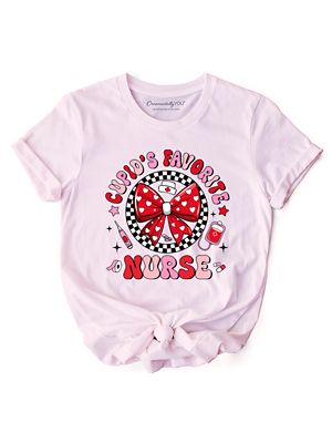 OrnamentallyYou Women's Cupid's Favorite Nurse Coquette Bow T-Shirt, Cute Valentine Nurse Tee, Pink, 2XL