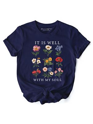 OrnamentallyYou Women's It Is Well With My Soul Christian Floral T-Shirt, Vintage Bible Verse Dark Tee, Blue, 2XL