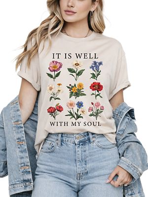 OrnamentallyYou Women's It Is Well With My Soul Christian Floral T-Shirt, Vintage Bible Verse, Light Blue, XL