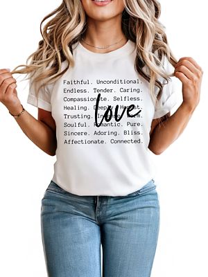 OrnamentallyYou Women's Love Definition Words T-Shirt, Minimalist Valentine Inspirational Love Tee, White, Small