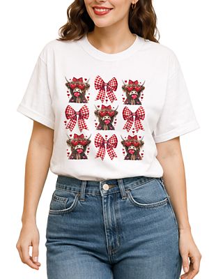 OrnamentallyYou Women's Highland Cow Coquette Bow Valentine T-Shirt, Cute Hearts Western Tee