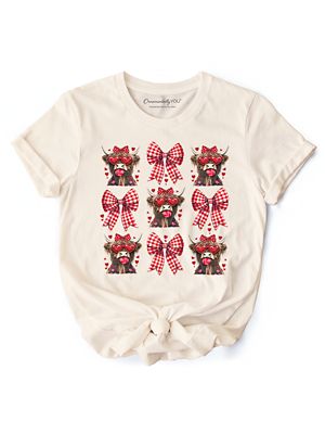OrnamentallyYou Women's Highland Cow Coquette Bow Valentine T-Shirt, Cute Hearts Western Tee, 2XL